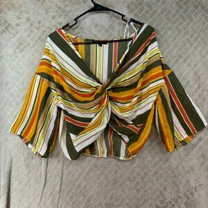 Ups & Downs Womens M Blouse 70s Style Colorful Striped Wrap Front Cropped Belly
